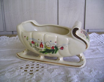 Vintage Christmas Pottery Candy Centerpiece Sleigh, Made in Ohio by Marietta Pottery no. 120, Christmas Candy Bowl