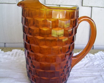 Vintage Indiana Fostoria Amber Glass Pitcher, Cubist Pattern with Ice Lip, Tea, Water Pitcher