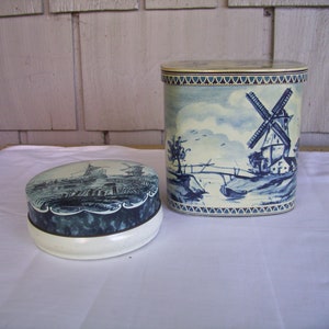 Two Vintage Toffee Cookie Tins with Ships and Windmills, German Kitchen Tin