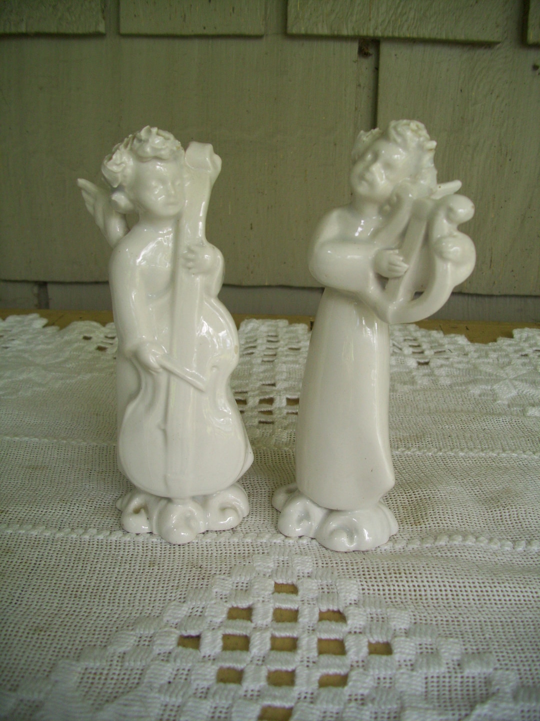 Two Vintage White Porcelain Angel Figurines With Instrumenta 6