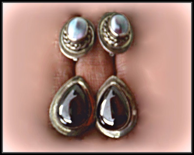 Two Vintage Pairs of Sterling Silver Clip On Earrings with Hematite and Abalone