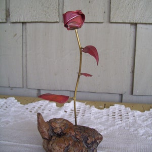 Vintage Metal Sculpture Rose in Petrified Wood Formation, Metal Flower
