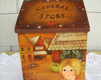 Vintage Wooden Hand Painted Canister Container with General Store Theme, Wooden Kitchen Container