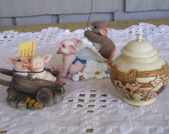 Three Vintage Pig Figurines Knick Knacks, Jardinia Farmyard Friends, Pig Knick Knacks