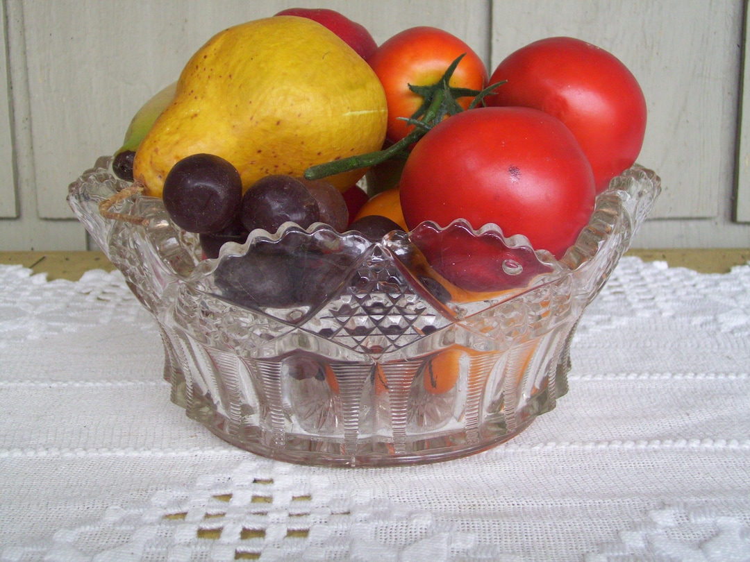 Vintage Ruffled Dish Raspberry Vintage Early Ruffled Pressed Glass Bowl With Vintage Fruit and Veggie ...