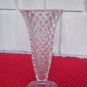 Vintage Footed Diamond Point Trumpet Vase 8.25&quot; , by Indiana Glass, Heavy Glass Vase