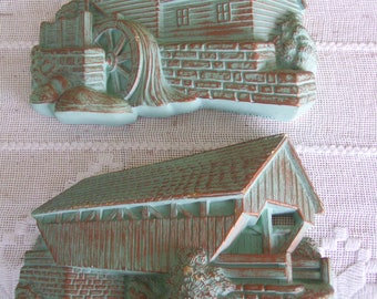 Pair of Vintage 3-D Wall Chalkware Plaques Covered Bridge and Water Wheel, by Miller Studios