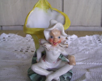 Vintage 1950's White Pixie Elf on Lily Pad Planter 4.5", Christmas Pixie, Made in Japan