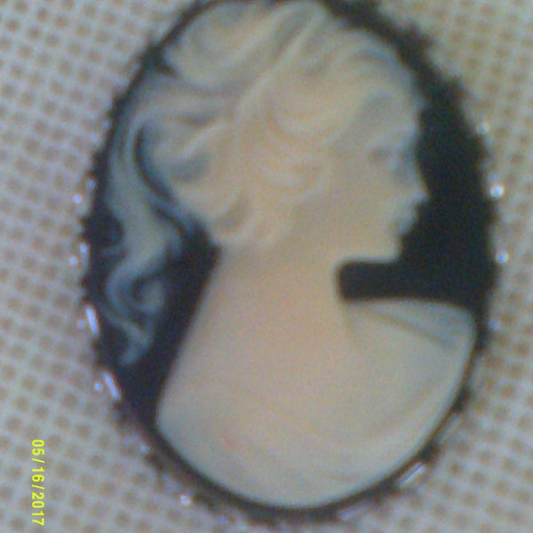 Vintage Black and White Cameo Brooch, Victorian Style Brooch. Cameo Pin