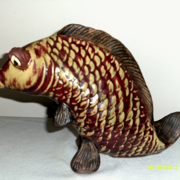 Large Ceramic/Pottery Fish Figurine with Don Knotts Eyes, Vintage 1970s Fish, Pottery Fish, Fish Figurine, Fish Decor, Ceramic Fish