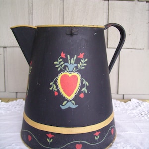 Vintage Tole Painted Large Metal Kettle, Pa Dutch Tole Painting, Decor Kettle