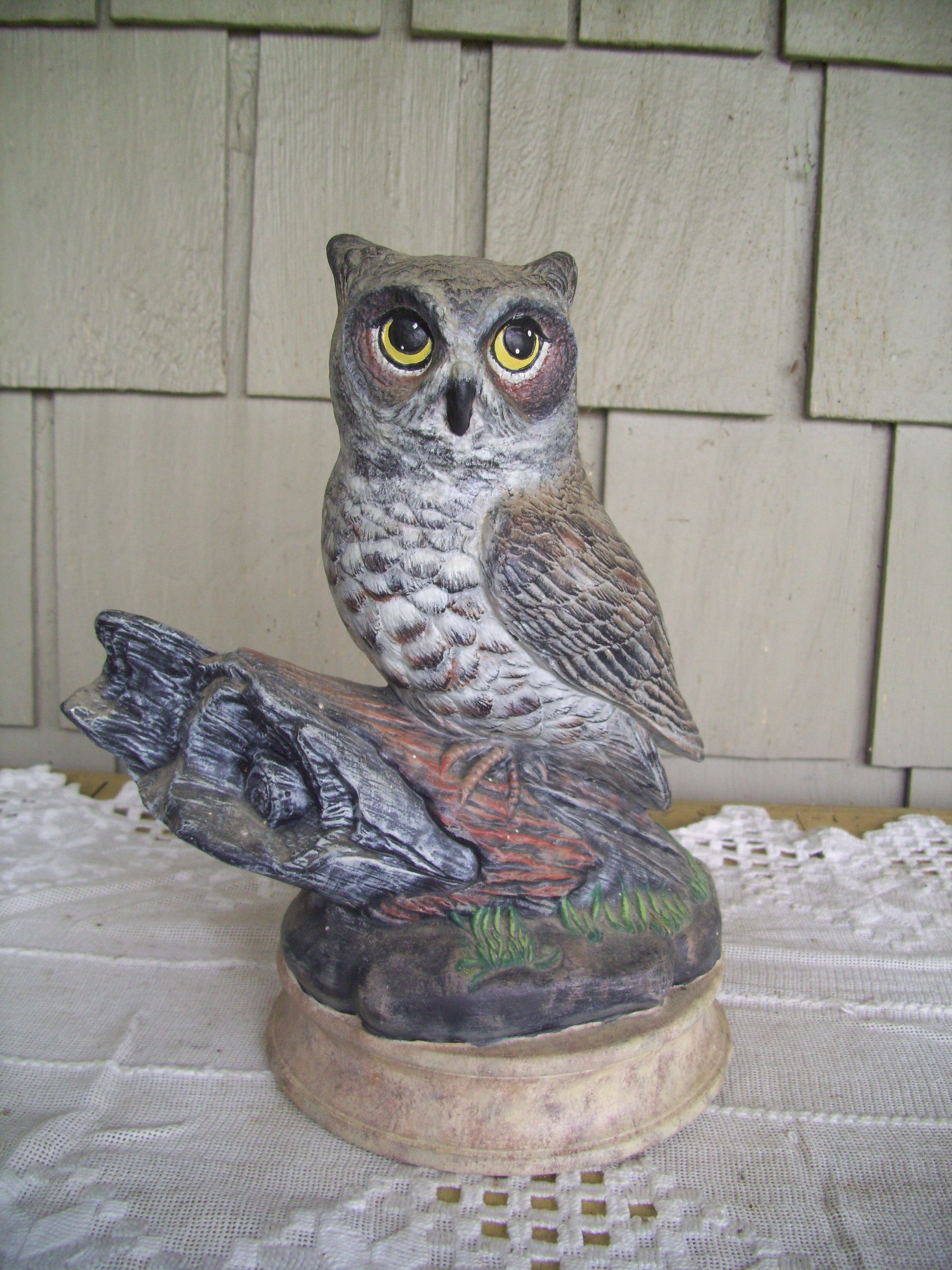 Vintage 1980 Scioto Ceramic Owl on Log Figurine 10.5", Made in USA