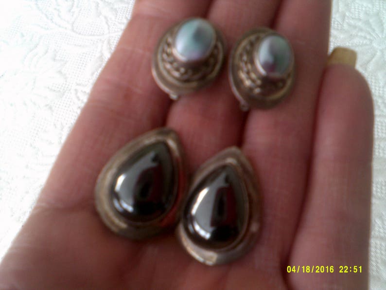 Two Vintage Pairs of Sterling Silver Clip On Earrings with Hematite and Abalone