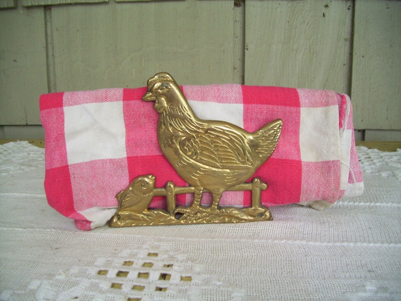 Vintage Brass Hen with Chick Napkin Holder, Farmhouse Kitchen image 1