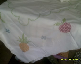 Vintage White Cotton Rectangular Tablecloth 68" by 50", Cross Stitch Fruit Border
