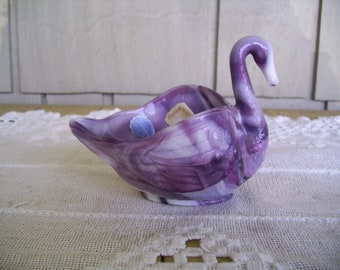 Vintage Amethyst Slag Glass Swan Candy Trinket Bowl. Made In USA by Imperial Glass