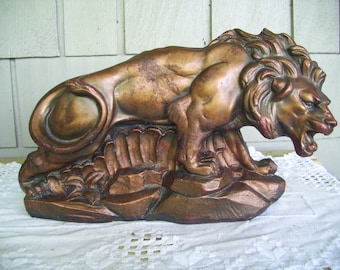 Vintage Mid-Century Large Chalkware Lion Figurine, MCM Charging Lion