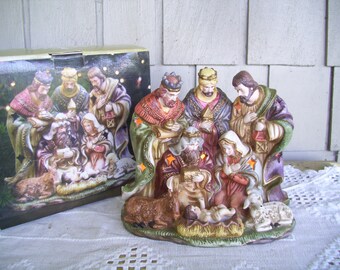 Vintage Lighted Nativity Scene by Kirkland, Heavy Ceramic Nativity, Christmas Religious