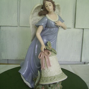 Vintage Porcelain O&#39;Well Christmas Angel 12.5&quot; in Style of LLadro, Angel with Bell and Holly Berries