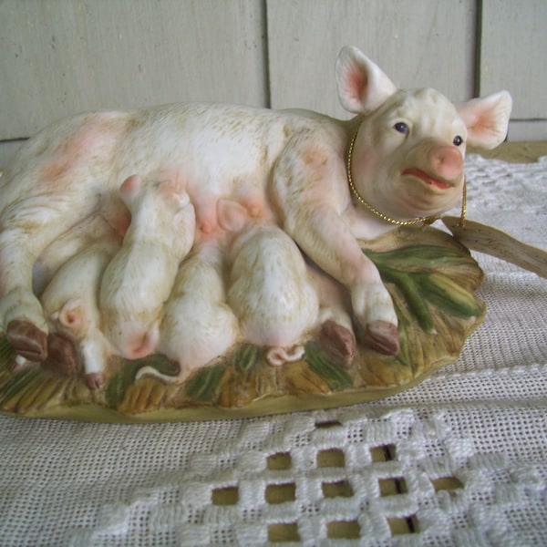 Vintage 1985 Porcelain Pig with Pigletts Figurine, by Homco, Farm Animal Figurine
