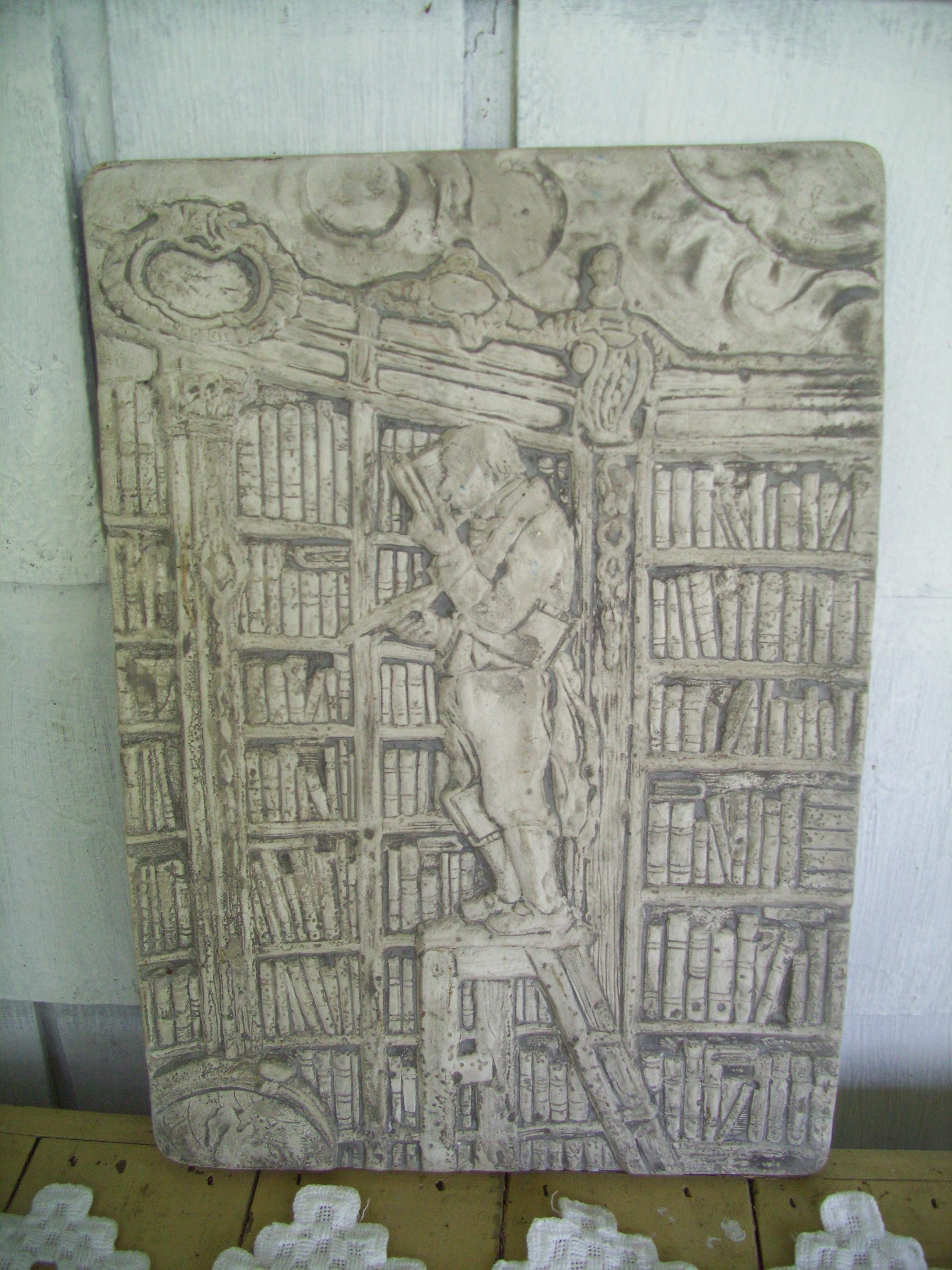 Vintage Wall Stone Casting "The Librarian", Stone Wall Plaque 14" by 10" wide , Old World Library Picture