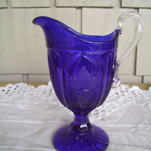Vintage Imperial Glass Cobalt Blue Large Creamer Syrup Pitcher with Grape Pattern, Banquet Creamer