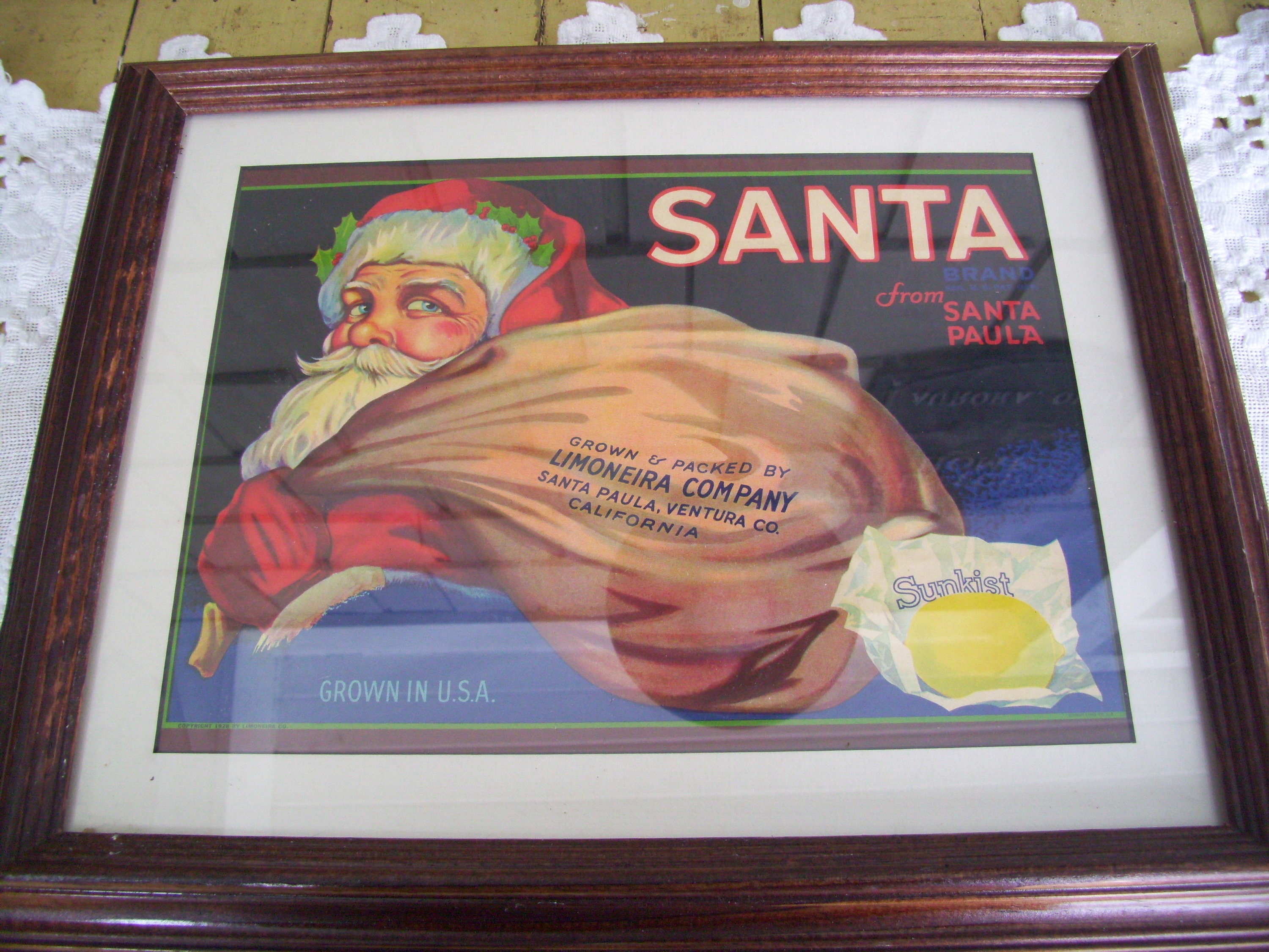 Vintage Framed Santa Claus Picture, Sunkist Lemon Christmas Crate