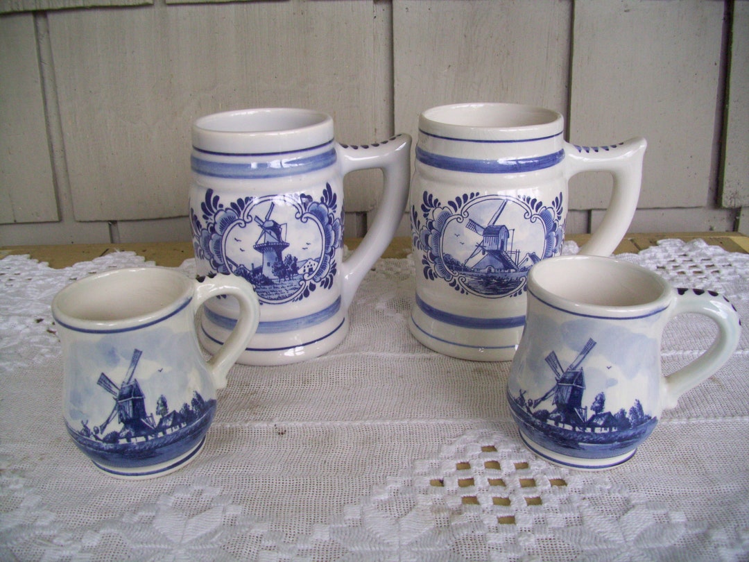 Four Vintage Norelco Delfts Blauw Holland Mugs, Hand Painted Windmill ...
