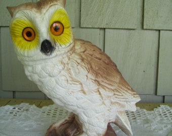 Vintage Chalkware Plaster 10.5" White Owl Figurine, Large Owl Figurine