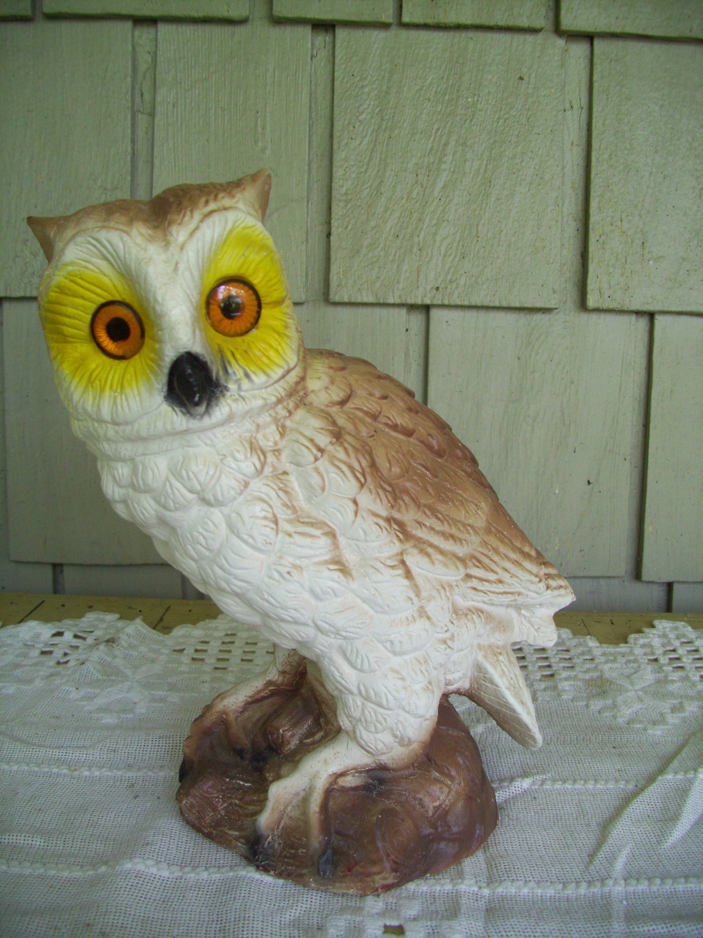Vintage Chalkware White Owl Figurine, Bright Yellow Eyes (10.5")