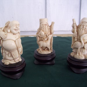 Three Vintage 4&quot; Faux Carved Resin Old Wise Asian Oriental Men on Wooden Base, Small Asian Men Figurines