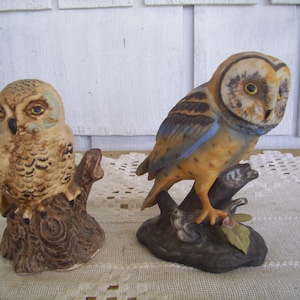 Two Vintage Owl Figurines, Owls on Log, Wildlife Figurines