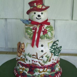 Vintage 2003 Tracy Jolly Ol Snowy Ceramic Snowman Cookie Jar 13.5&quot;, Christmas Winter Cookie Jar