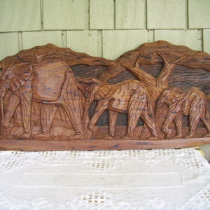 Vintage Large Hand Carved Wooden Elephants Wall Hanging, Jungle Wall Hanging, Elephant Wall Decor