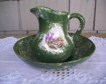 Vintage Ceramic Bowl and Pitcher, Made in Vermont by P&P Fuller, Green Bowl Pitcher Set