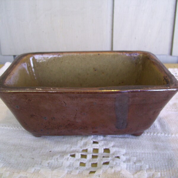 Vintage Heavy Pottery Stoneware Footed Loaf Pan Baking Dish, Bread Pan