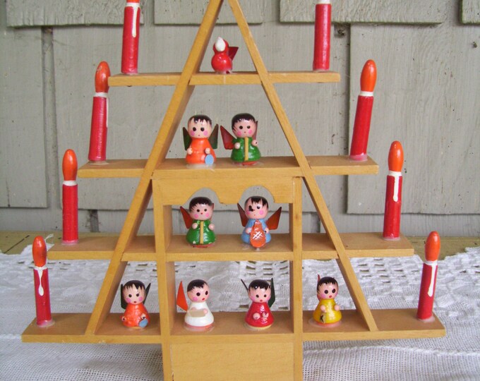 Vintage Christmas Accent Wooden Tree With Angel Musicians, Christmas ...
