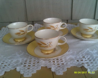Set of Four Century Service Autumn Gold Cups and Saucers, Autumn Gold China, Yellow Chinaware