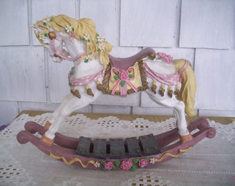 Vintage Hand Painted Rocking Horse Figurine 15.5&quot;, Floral Decorated Rocking Horse