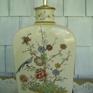 Vintage Large Crackle Oriental Asian Floral with Birds Table Lamp 29&quot;, Oriental Lamp, Asian Decor