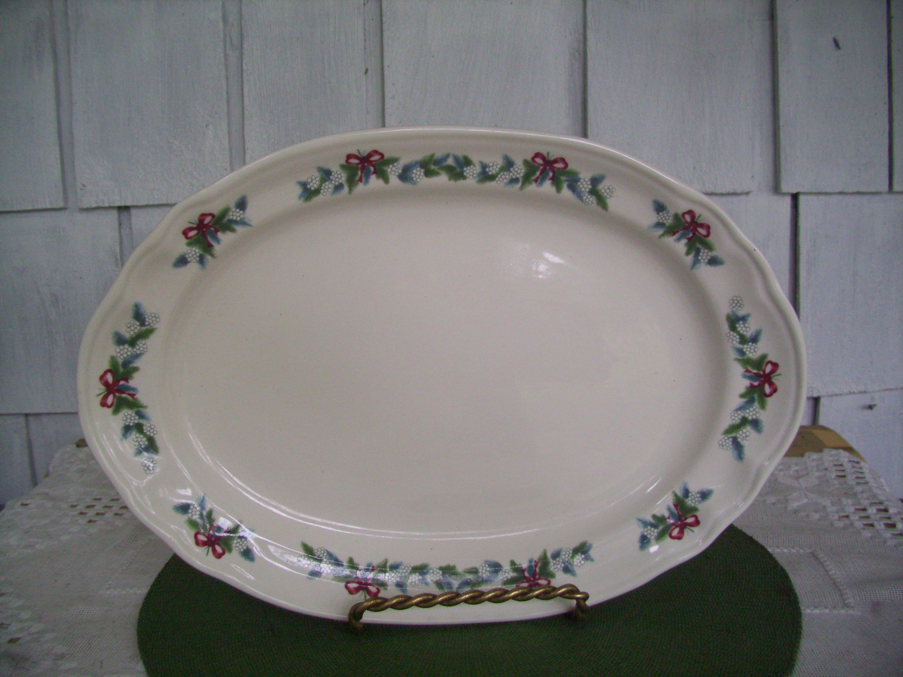 Vintage 1990's Pfaltzgraff Holiday Oval Serving Platter 15" by 10.5", "Red Ribbons" Pattern, Christmas Dinnerware