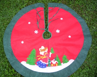 Vintage Applique Christmas Tree Skirt with Angel and Trees, Applique Tree Skirt