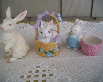 Three Vintage Easter Bunnies, Bunny Egg Cup, Bunny Bell and Standing Bunny