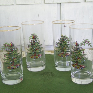 Four Vintage Spode Christmas Tumblers Highball Glasses, Christmas Tree Glassware, Holiday Drinkware
