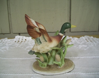 Vintage Bisque Porcelain Flying Mallard Duck Figurine, Wildlife Figurine