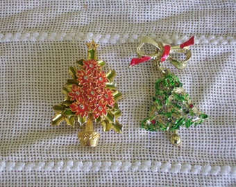 Two Vintage Christmas Tree Brooches Pin, by Christopher Radko, Holiday Jewelry