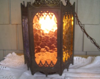 Vintage 1970's Mediterranean Boho Style Swag Lamp, Six Panel Stained Glass swag Lamp