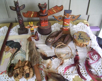 Mid-Century North America Tribes Hand Made Souvenirs Grouping, Totem Poles, Peace Pipe, Dream Catcher, Moccasins, Hide Drum