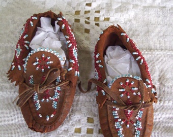 Vintage Beaded Leather Youth Moccasins, Southwestern Beaded Moccasins