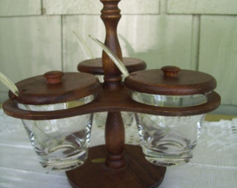Vintage Wooden Condiment Stand, by Woodcrest, Condiment Serving, MCM Condiment Station